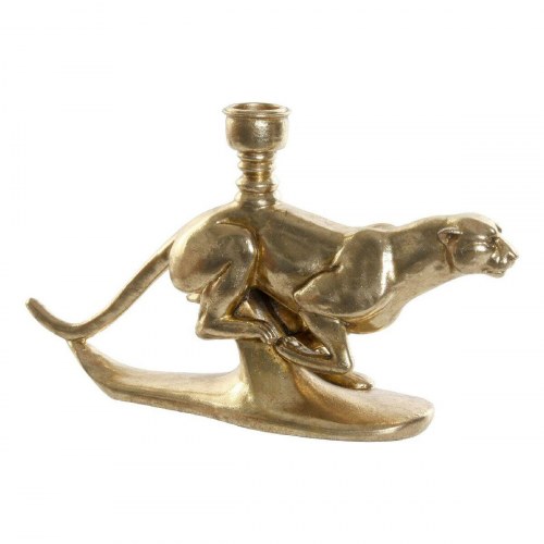 Kandelaber - gylden leopard i harpiks og aluminium, 25 × 6 × 14 cm