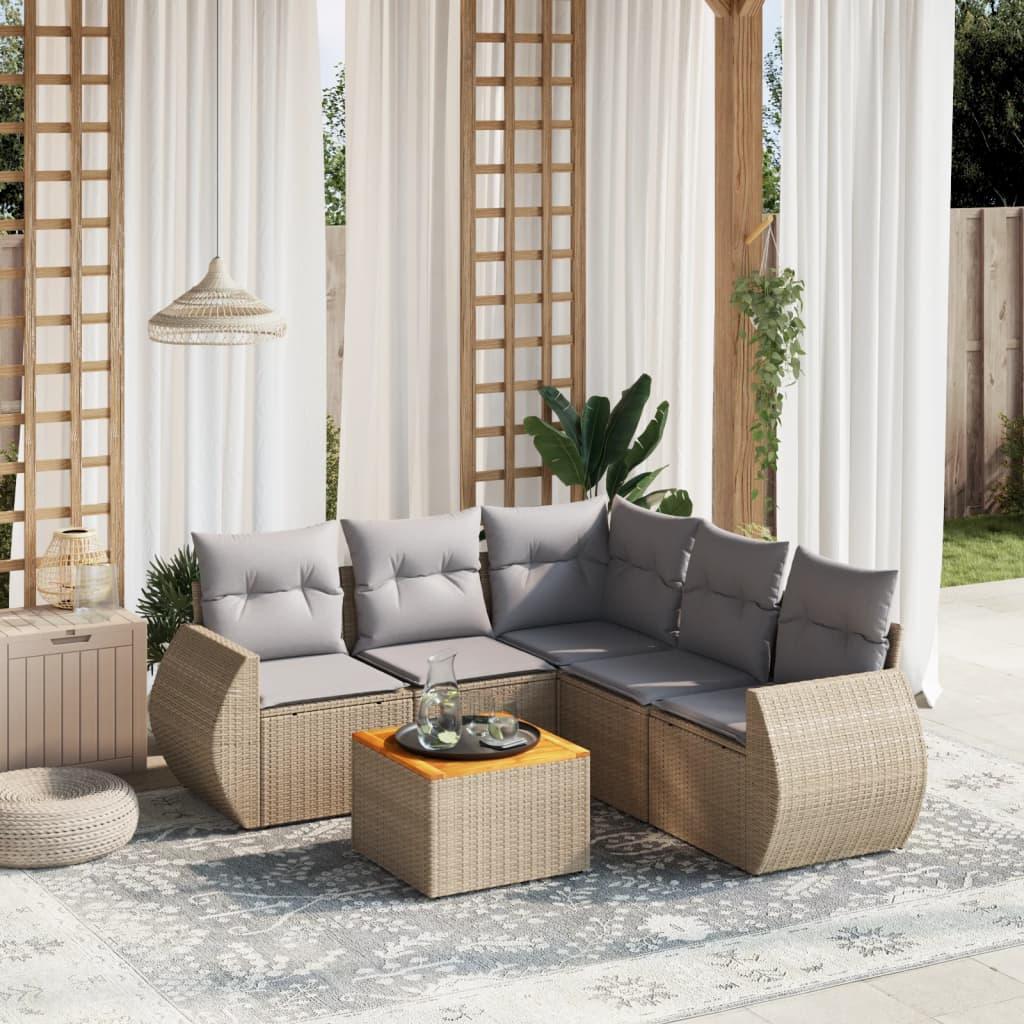 Sofasæt Til Haven 6 Dele Med Hynder Polyrattan - beige og grå / hjørnedel bord 2x midterdel