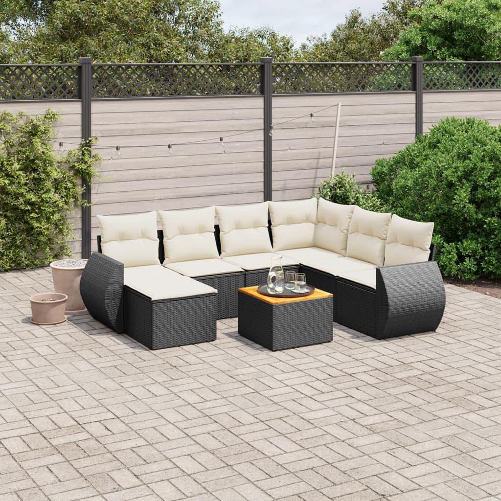 Sofasæt Til Haven 8 Dele Med Hynder Polyrattan - Sort og cremefarvet / bord 3x midterdel hjørnedel