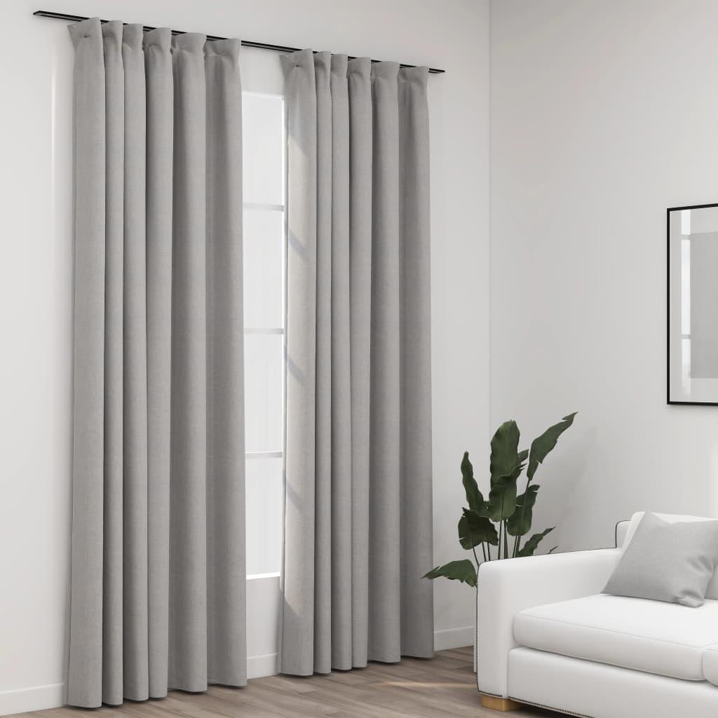 Lysdæmpende gardiner med kroge 2 stk. hør-look 140x245 cm grå