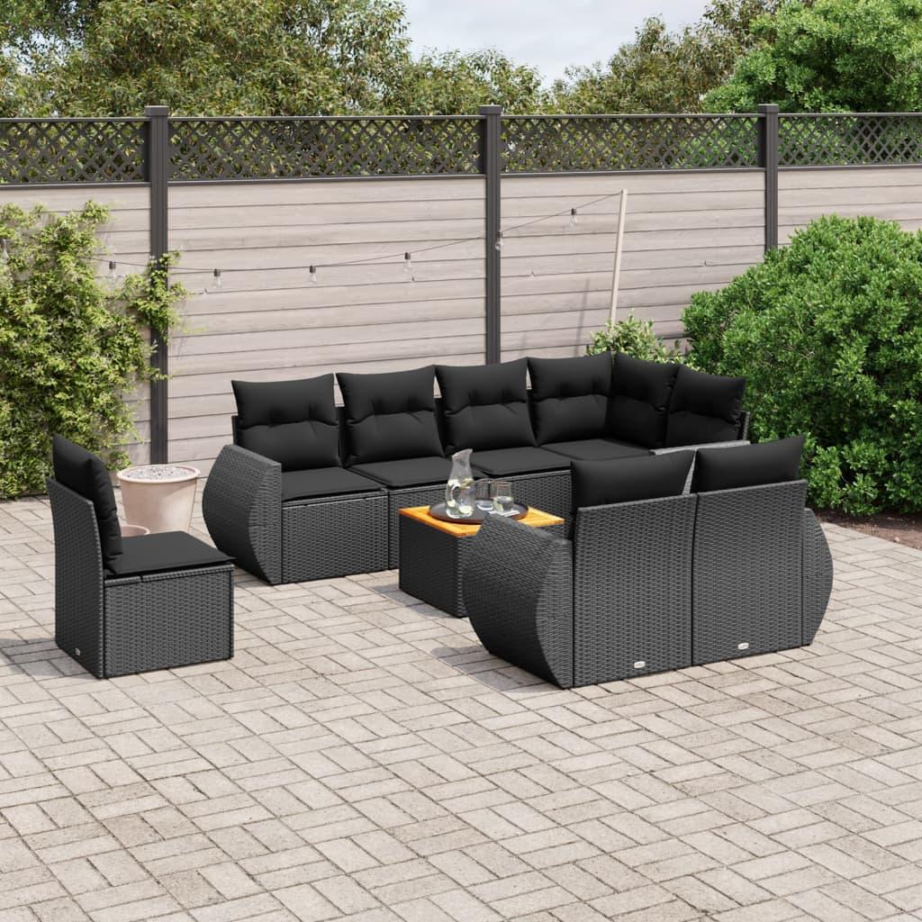 Sofasæt Til Haven 9 Dele Med Hynder Polyrattan - Sort / bord 3x midterdel hjørnedel