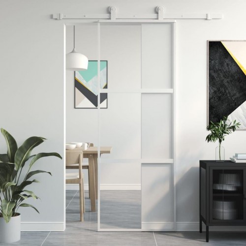 Skydedør 76×205 cm - hærdet glas og aluminiumsramme, hvid