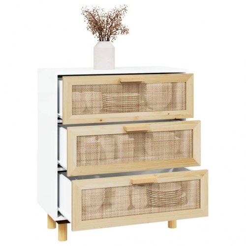 Skænk 60x30x70 cm massivt fyrretræ og naturlig rattan hvid