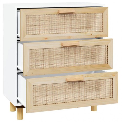 Skænk 60x30x70 cm massivt fyrretræ og naturlig rattan hvid