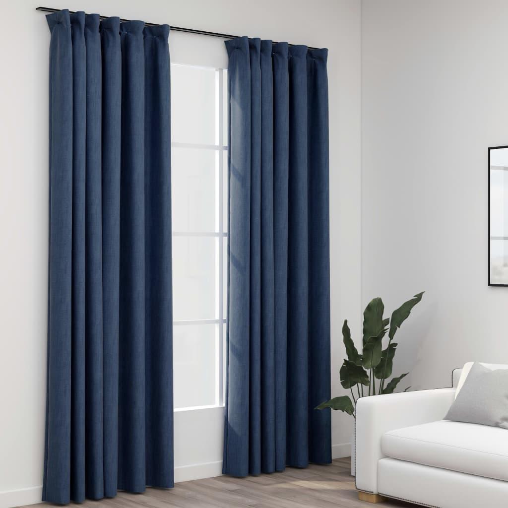 Lysdæmpende gardiner med kroge 2 stk. hør-look 140x245 cm blå
