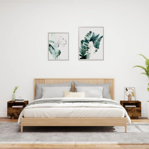 Sengeborde med LED-lys 2 stk. 40 x 39 x 37 cm - røget egetræ