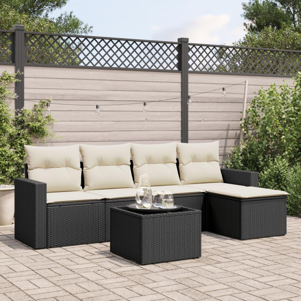Sofasæt 5 Dele Med Hynder Polyrattan - Sort og cremefarvet / Med bord