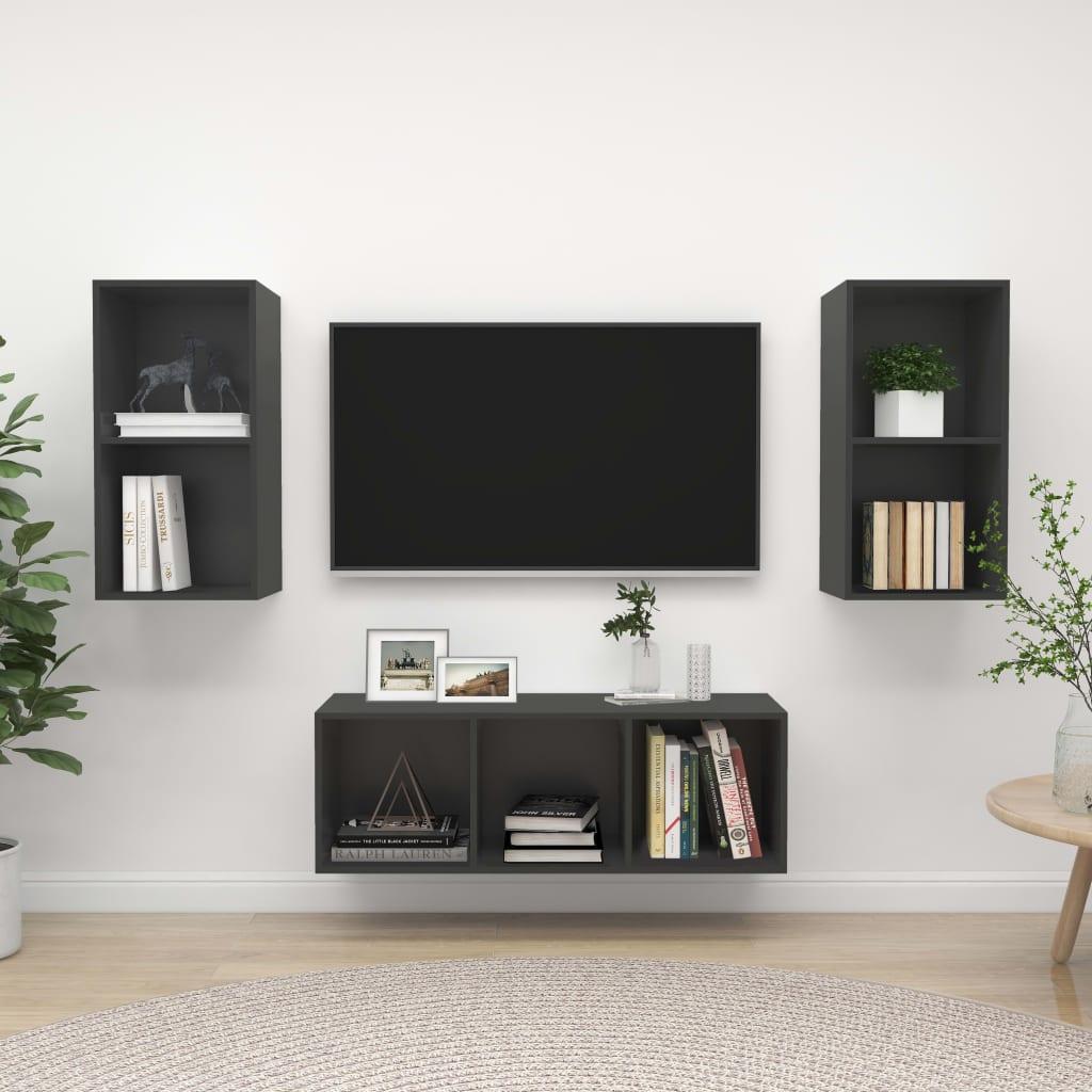 Tv-skabssæt 3 dele konstrueret træ grå