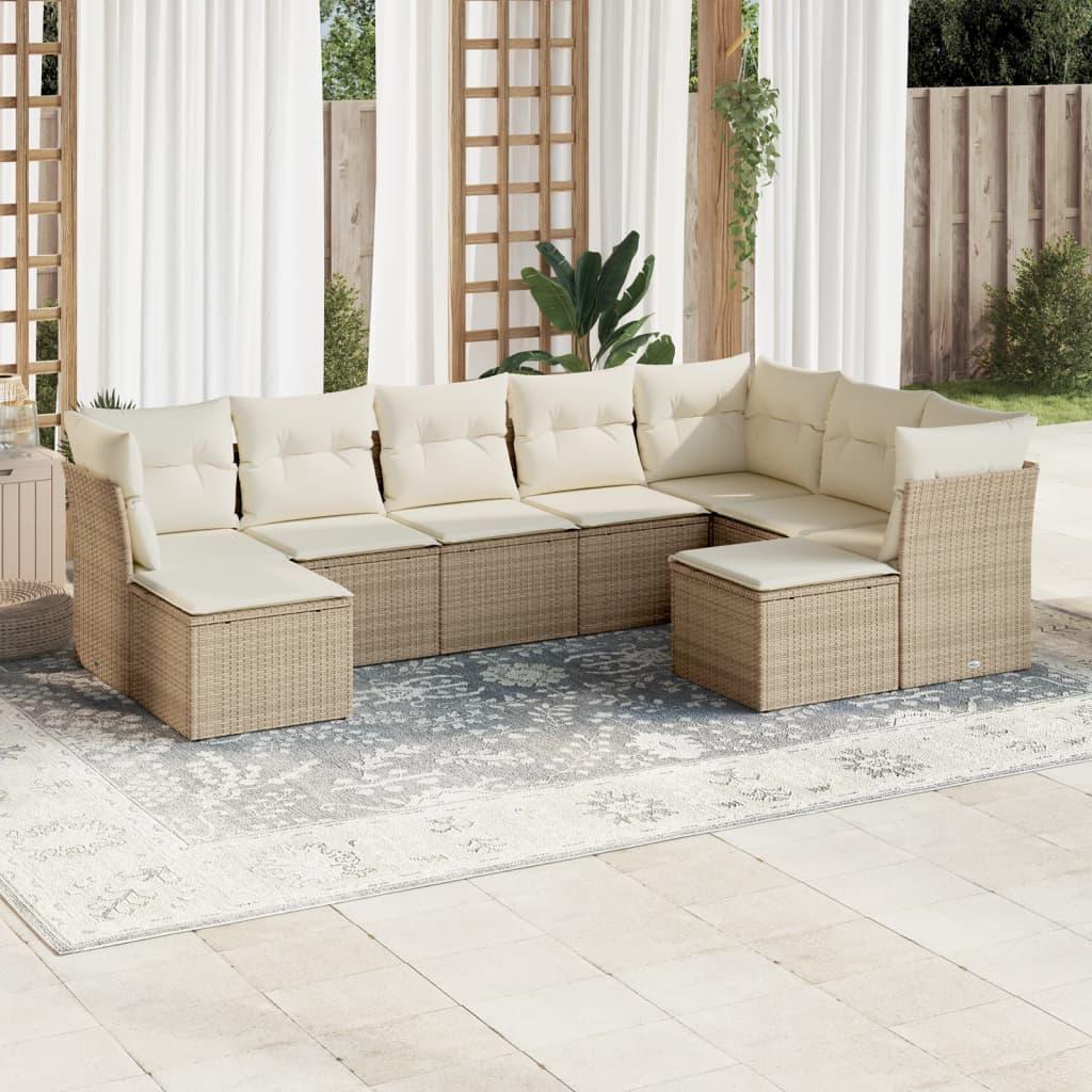 Havesofasæt i polyrattan - 9 dele med hynder, beige billede