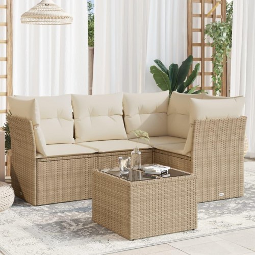 Sofasæt til haven 5 dele med hynder og glasbord i polyrattan beige