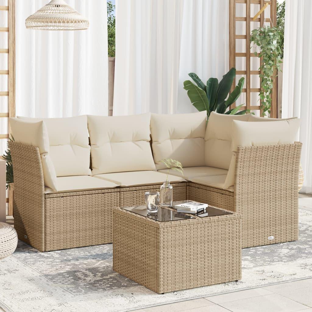 Sofasæt til haven 5 dele med hynder og glasbord i polyrattan beige