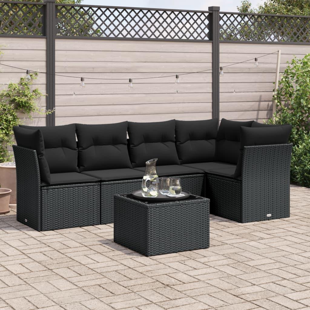 Sofasæt til haven 6 dele med hynder og glasbord i polyrattan - sort