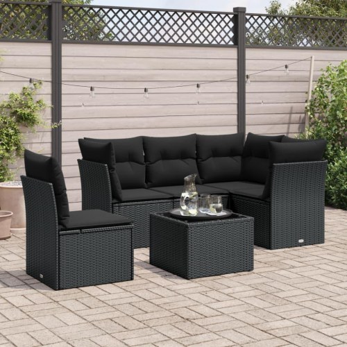Sofasæt til haven 6 dele med hynder og glasbord i polyrattan - sort