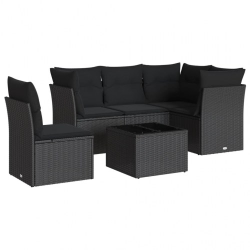 Sofasæt til haven 6 dele med hynder og glasbord i polyrattan - sort