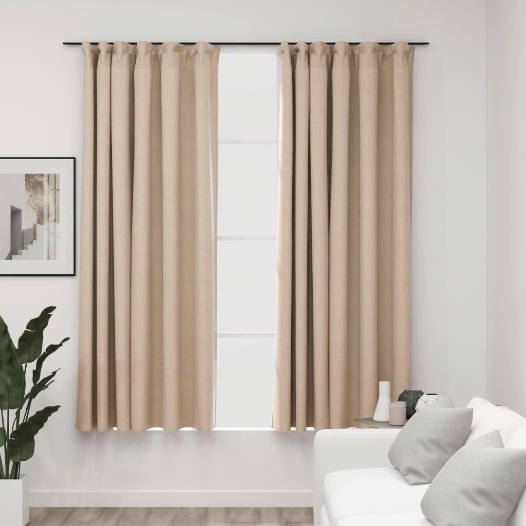 Lysdæmpende gardiner med kroge 2 stk. hør-look 140x175 cm beige