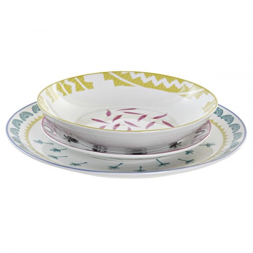 Spisestel i porcelæn - 18 dele, blå/multifarvet (kolonistil)