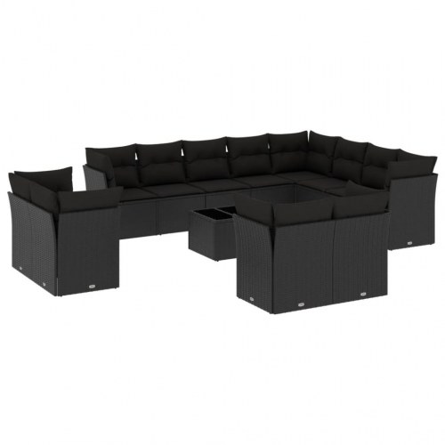 Sofasæt til haven 13 dele med hynder og glasbord i polyrattan - sort