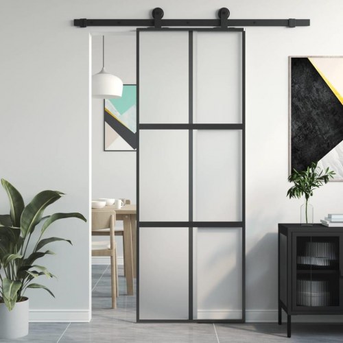 Skydedør 76×205 cm i hærdet glas og sort aluminium - mat