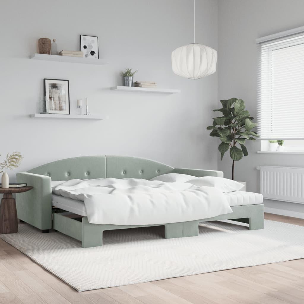 Daybed med udtræk og madras 90x200 cm velour lysegrå billede