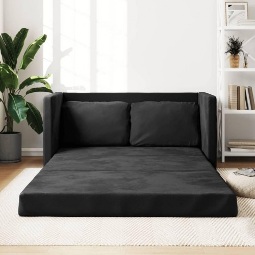 2-i-1 sovesofa i velour - sort, 122×204×55 cm