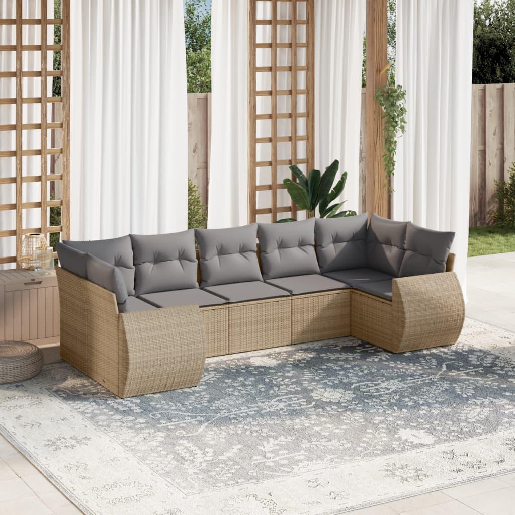 Sofasæt til haven 7 dele med hynder i polyrattan - beige/lysegrå