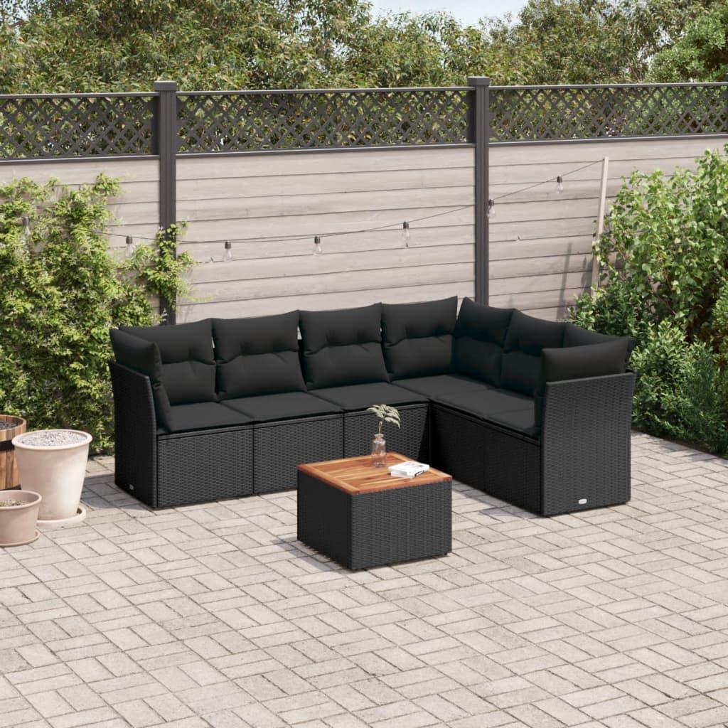 Sofaesæt Til Haven 7 Dele Med Hynder Polyrattan - Sort / 3x hjørnedel bord 3x midterdel