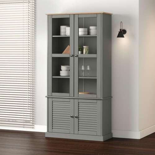 Glasskab VIGO 85x35x170 cm i massivt fyrretræ - grå