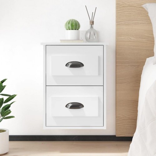 Væghængt sengebord 41,5 × 36 × 53 cm - hvid højglans med 2 skuffer