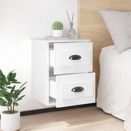 Væghængt sengebord 41,5 × 36 × 53 cm - hvid højglans med 2 skuffer