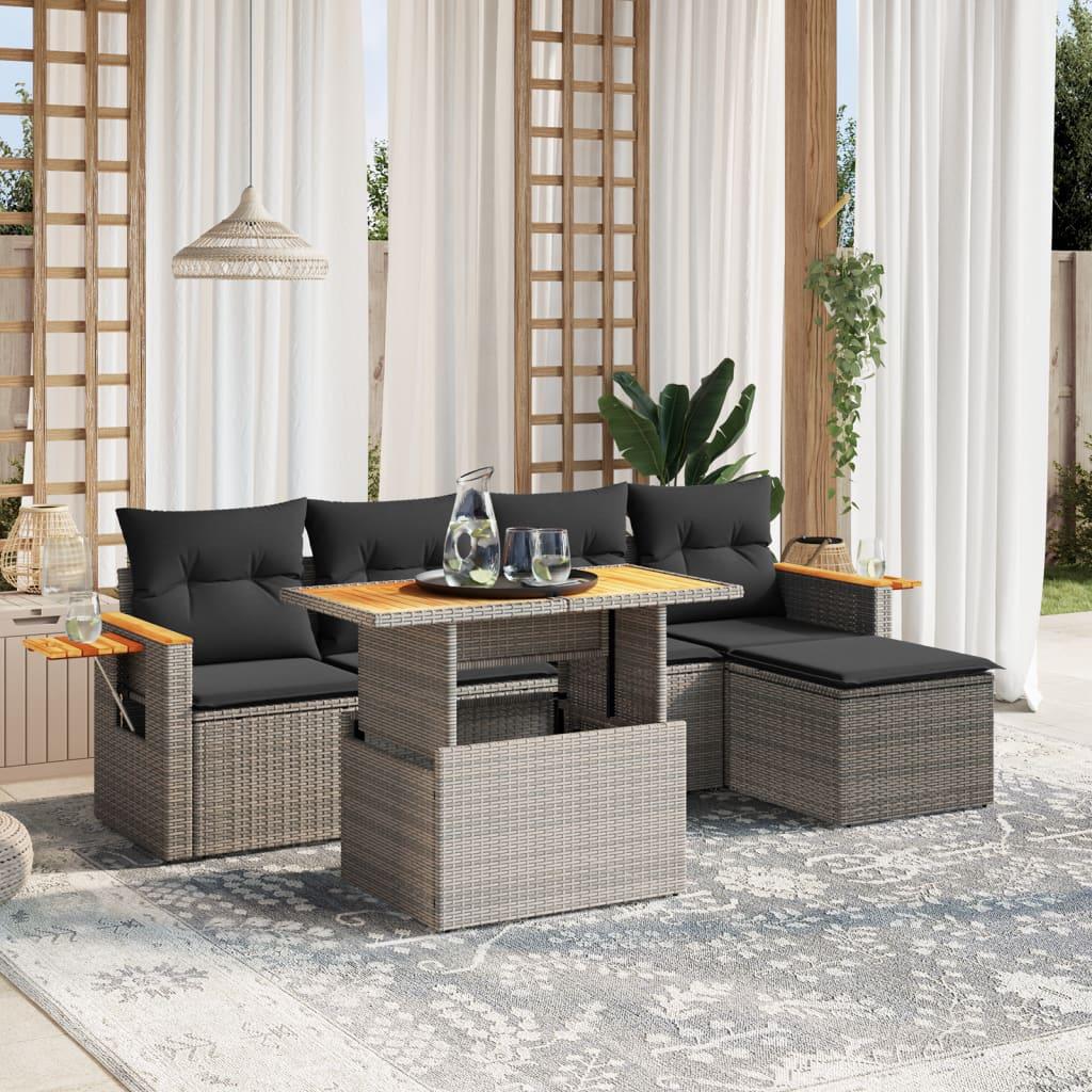 Sofasæt til haven i polyrattan - 6 dele med hynder, grå