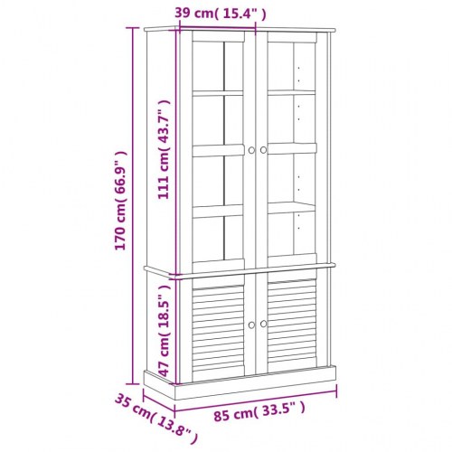 Glasskab VIGO 85x35x170 cm - massivt fyrretræ, vitrineskab med glaslåger