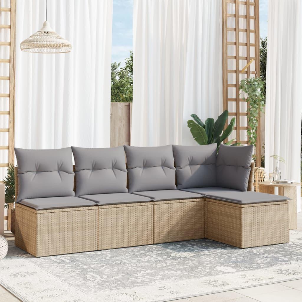 Sofasæt til haven 5 dele med hynder polyrattan beige