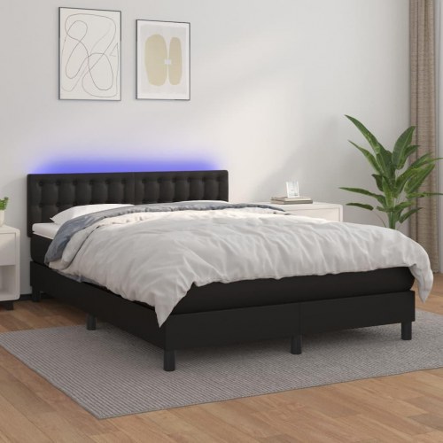 Kontinentalseng med LED-lys 140×190 cm i sort kunstlæder