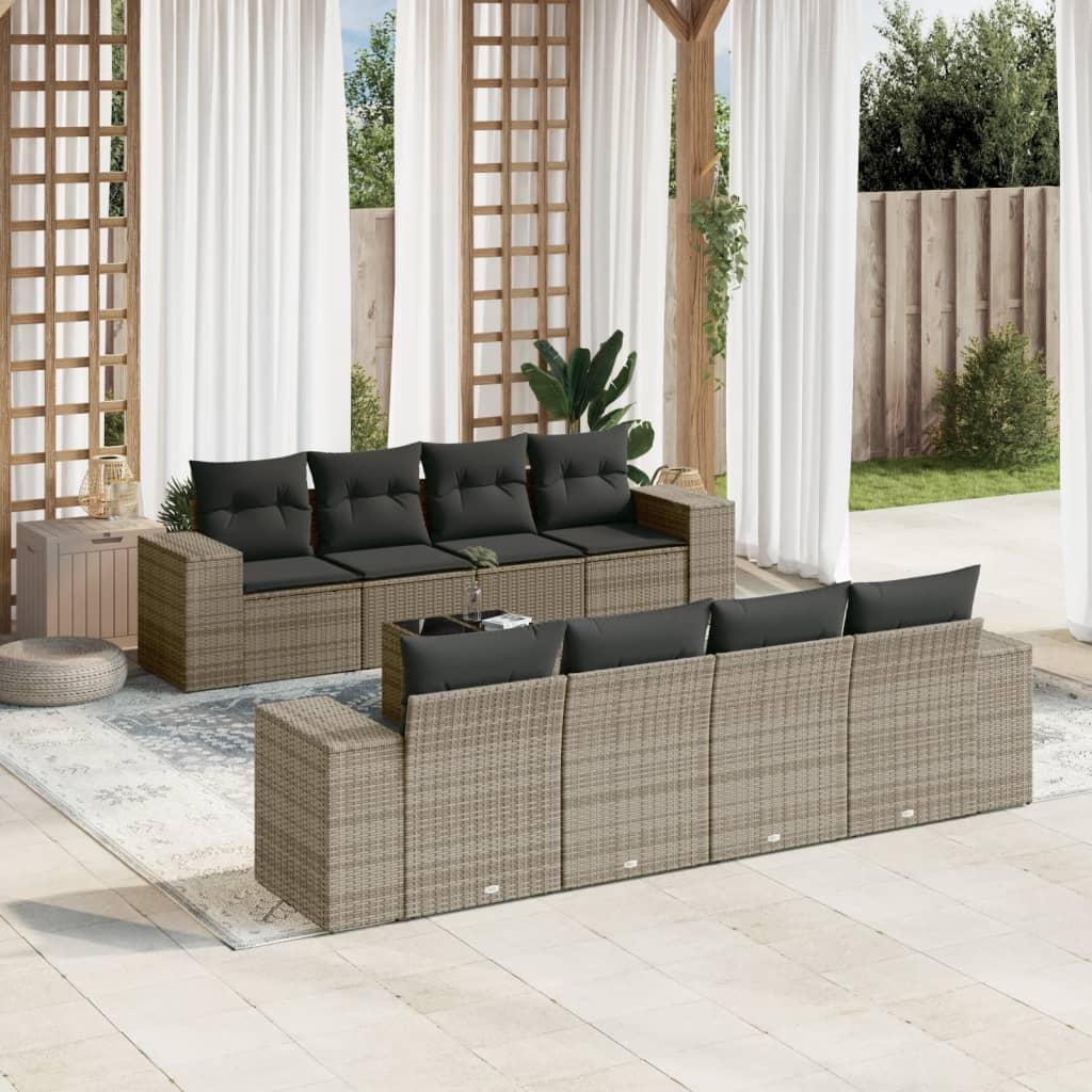 Sofasæt til haven - 9 dele i grå polyrattan med hynder