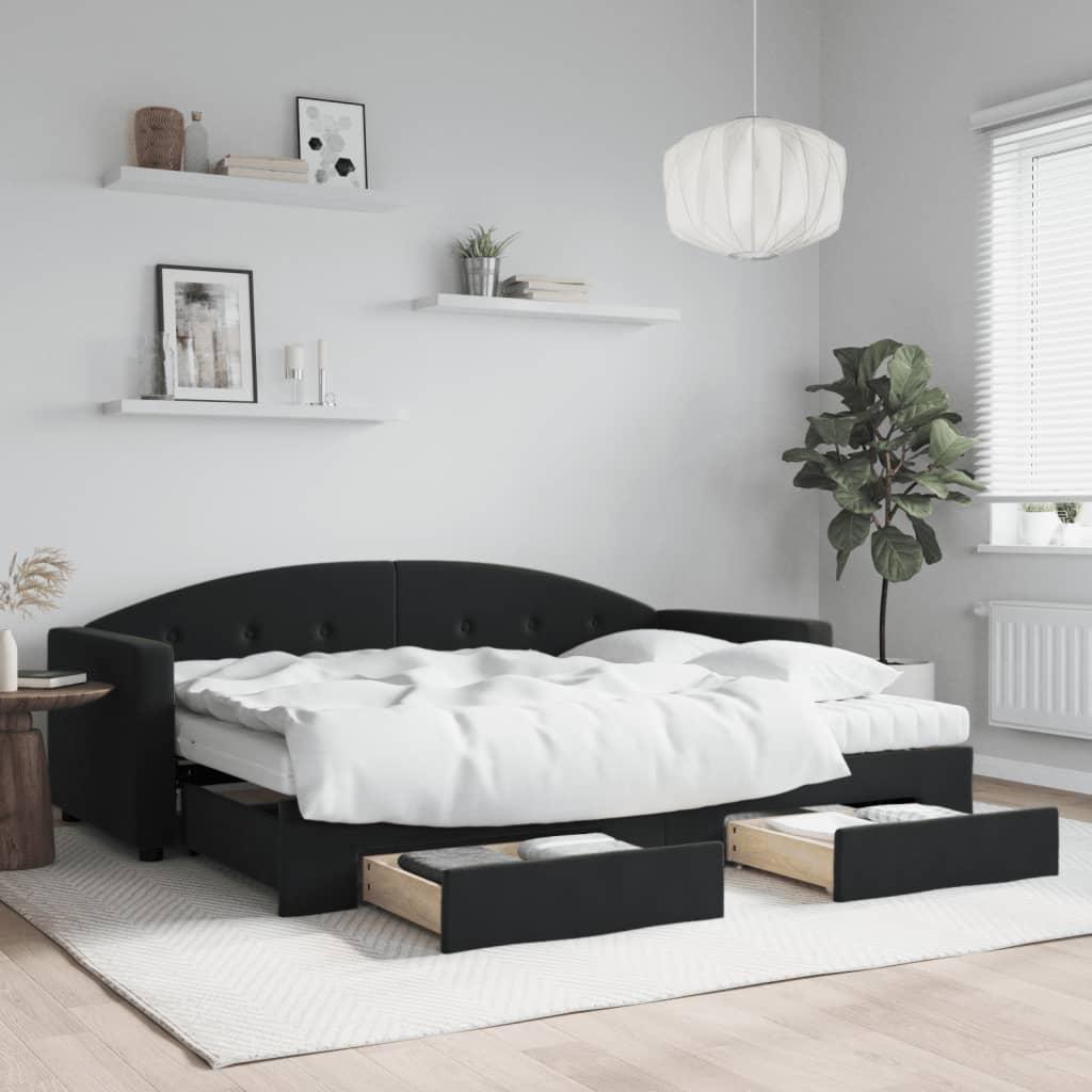Daybed Velour Sort - med udtræk og skuffe og madras / 80 x 200 cm