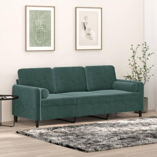 3-personers sofa i velour med pyntepuder - mørkegrøn, 198 cm