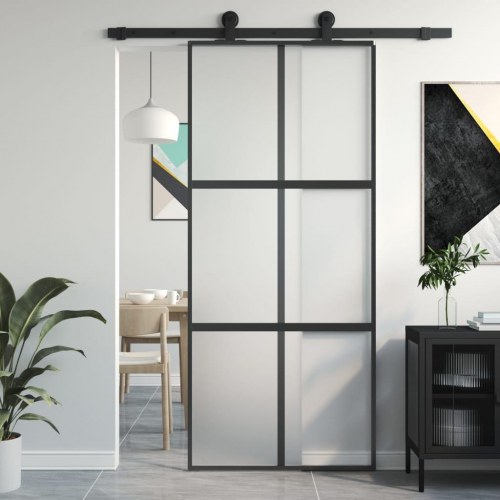 Skydedør 90 × 205 cm - hærdet, matteret glas og sort aluminium