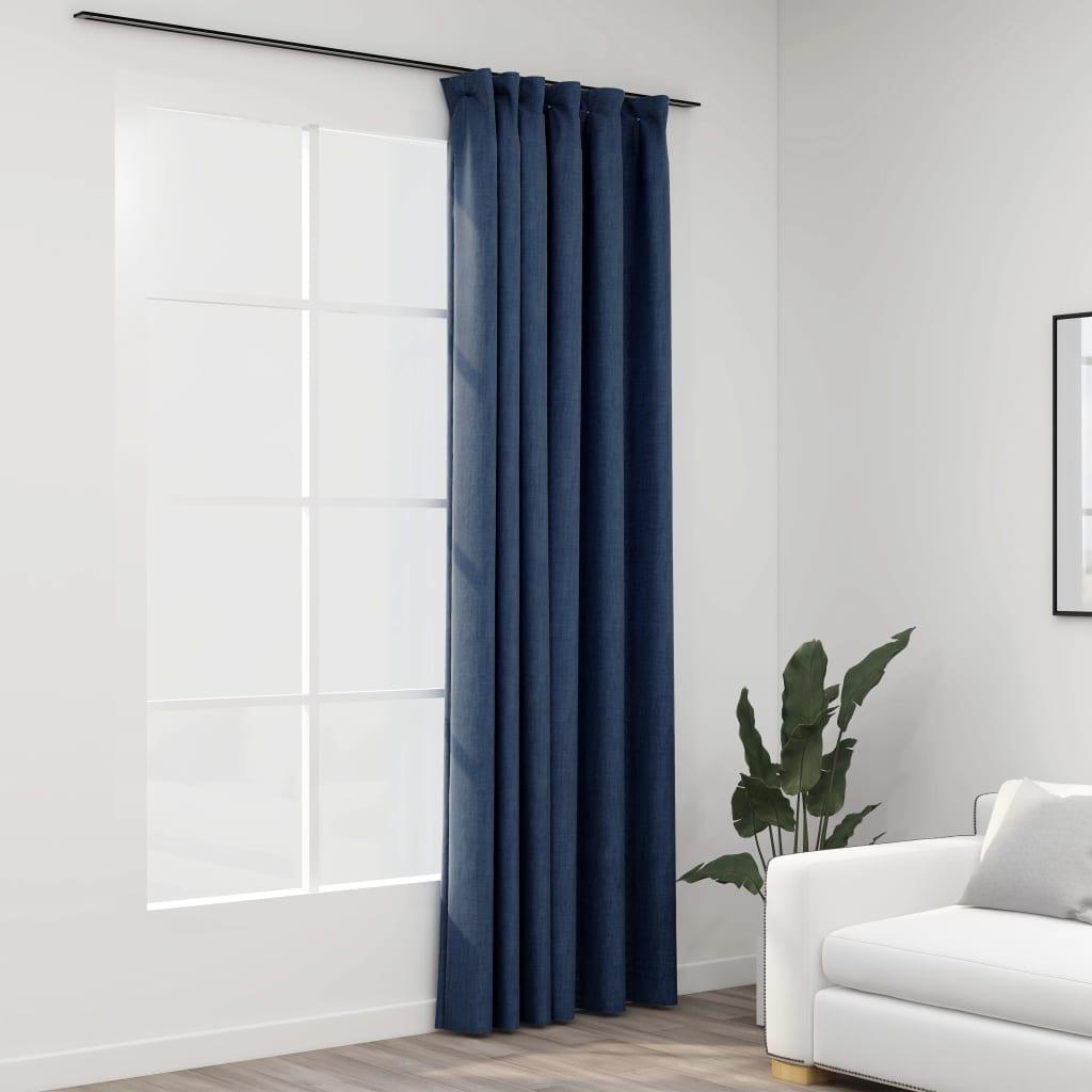 Mørklægningsgardin med kroge hør-look 290x245 cm blå