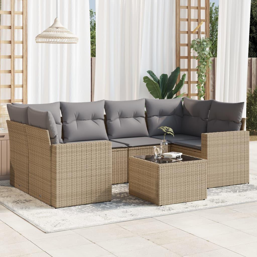 Sofasæt til haven i polyrattan - 7 dele med hynder, beige/lysegrå