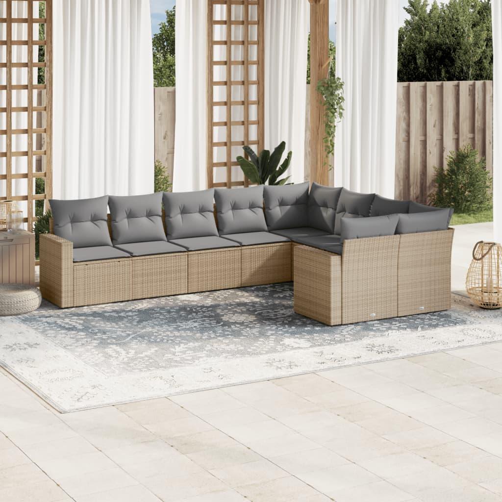 Sofasæt til haven - 9 dele i polyrattan med hynder, beige billede