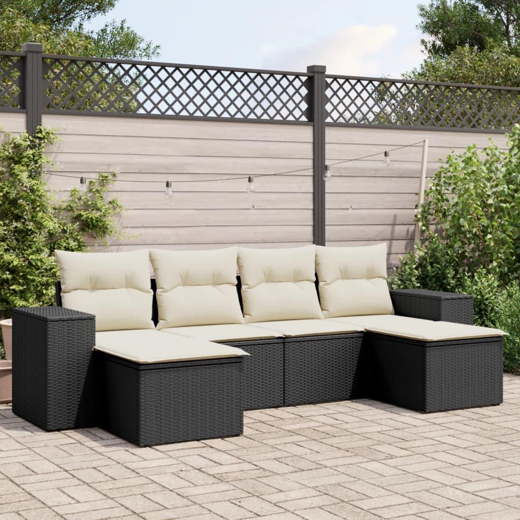 Sofasæt Til Haven 6 Dele Med Hynder Polyrattan Beige - Sort og cremefarvet / Med bord