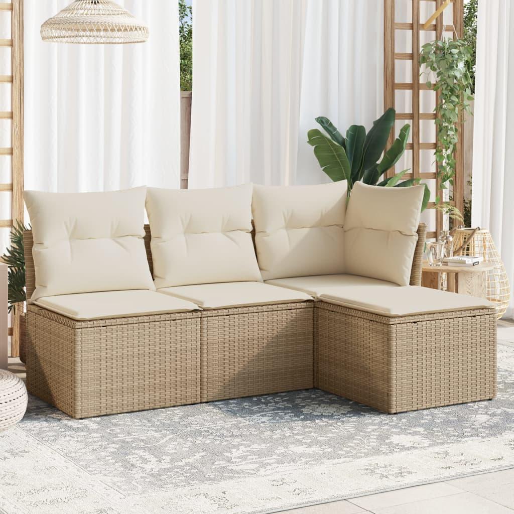 Havesofasæt 4 dele med hynder i polyrattan - beige