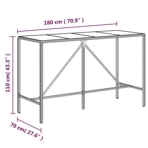Barbord med glasplade 180×70×110 cm i grå polyrattan