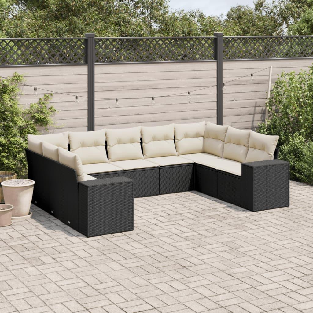 Sofasæt Til Haven 9 Dele Med Hynder Polyrattan Beige - Sort og cremefarvet / Med bord