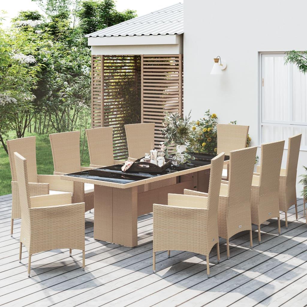 Spisebordssæt til haven i polyrattan, 11 dele med hynder - beige