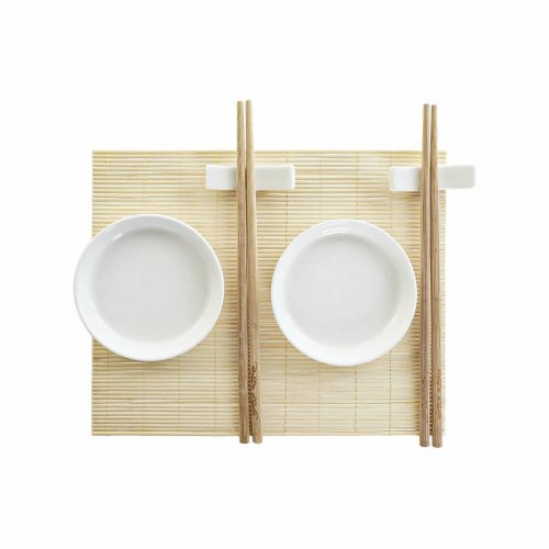 Sushi-sæt i bambus, plastik og stentøj - hvid/natur, orientalsk design, 28,8 × 19,8 × 3 cm (7 dele)
