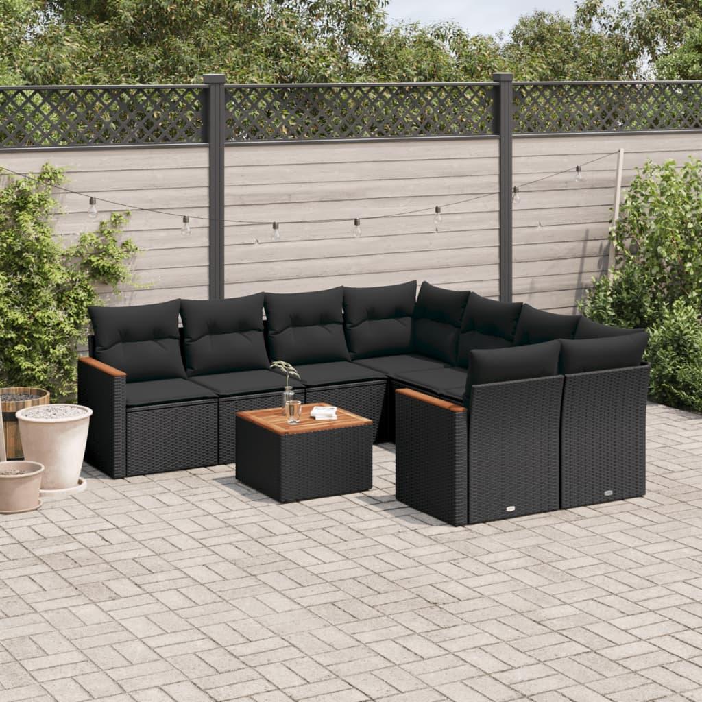 Sofasæt til haven - 9 dele i sort polyrattan med hynder og bord