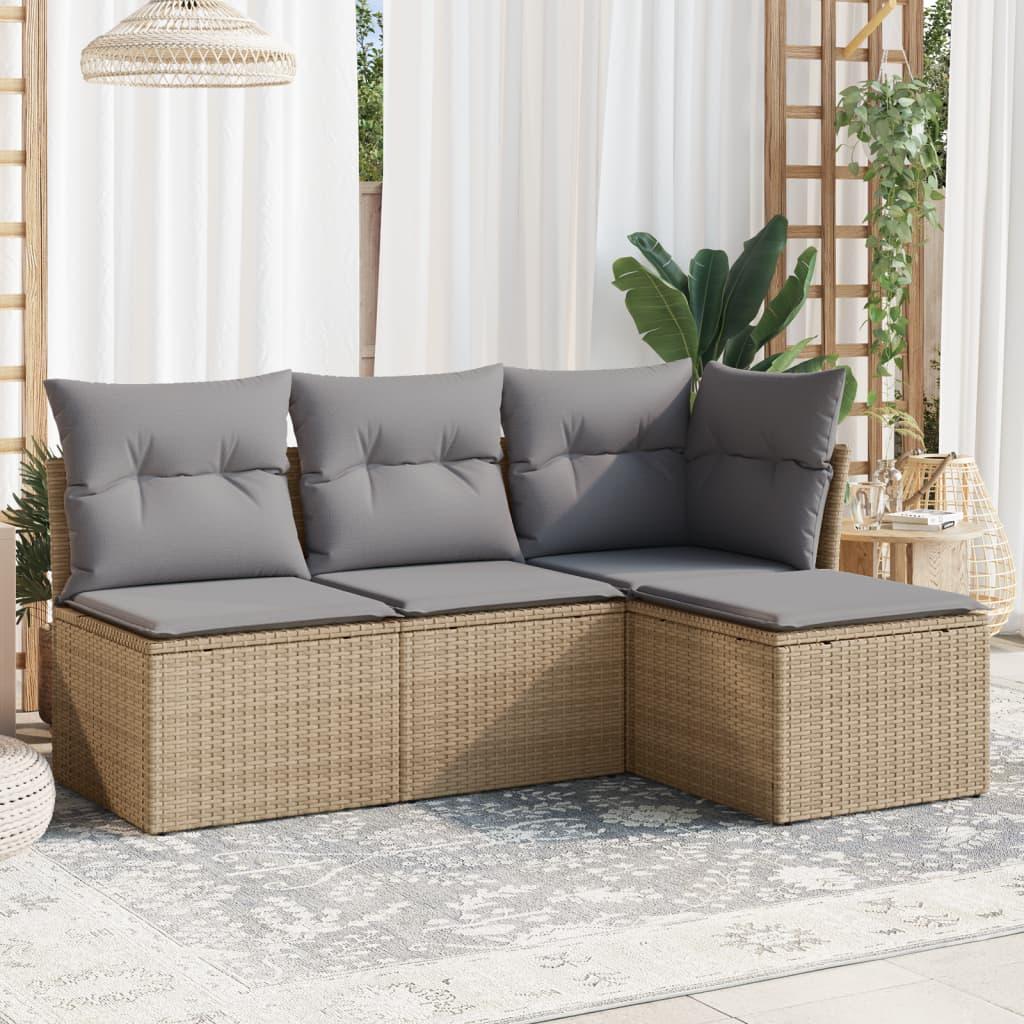 Sofasæt til haven i polyrattan - 4 dele med hynder og opbevaring, beige/lysegrå