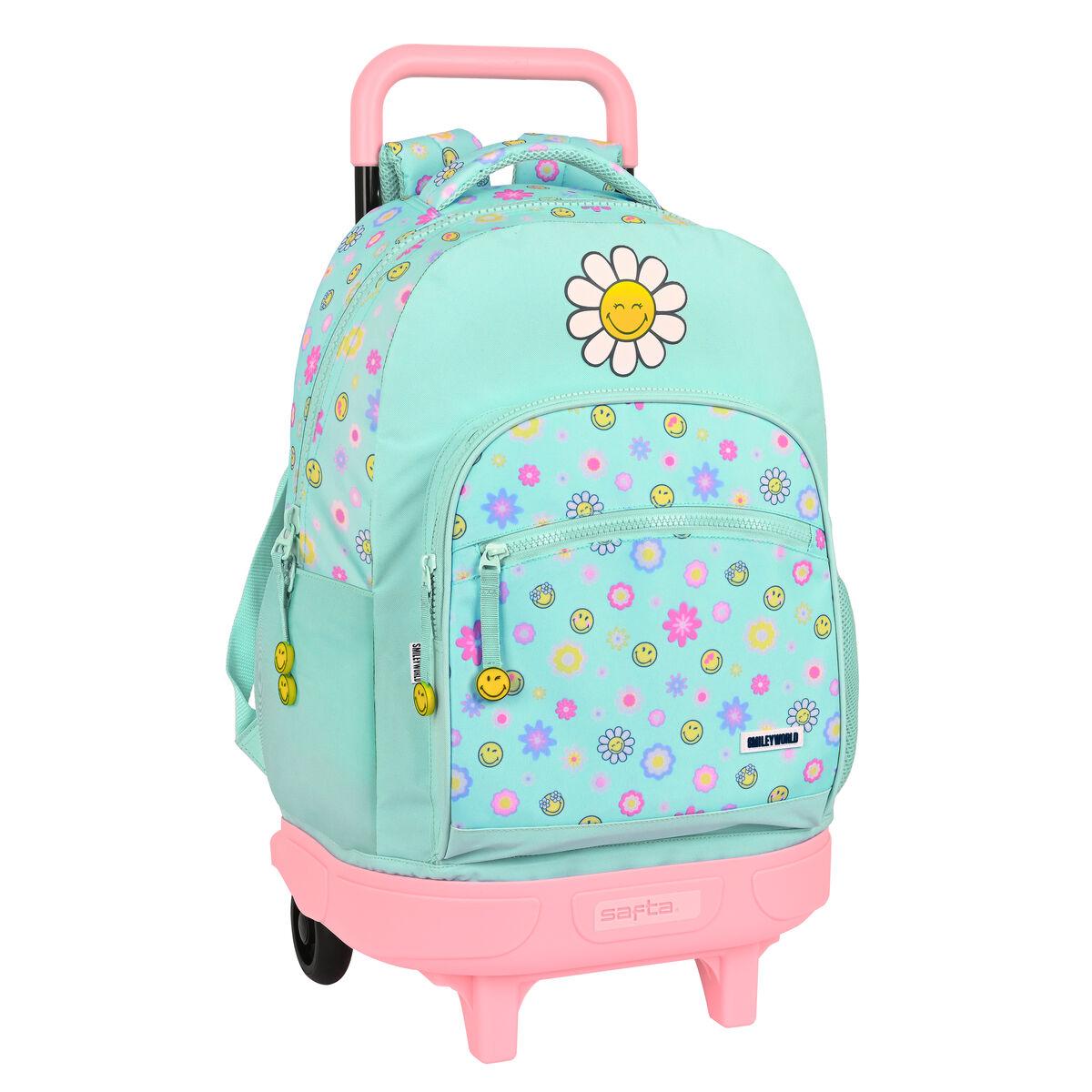 Skolerygsæk med Hjul Smiley Summer fun Turkisblå 33 X 45 X 22 cm
