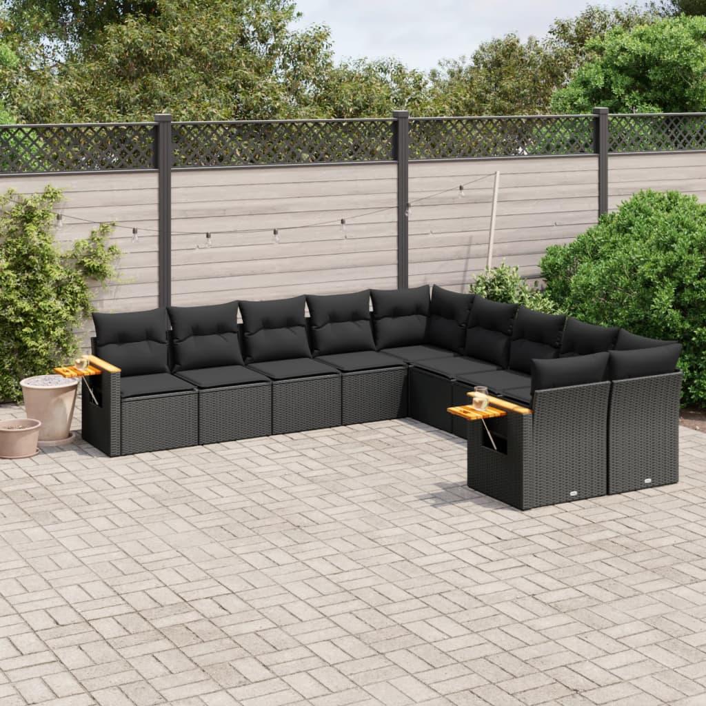 Sofasæt til haven i polyrattan, 10 dele, sort - modulært loungesæt med hynder og opbevaring